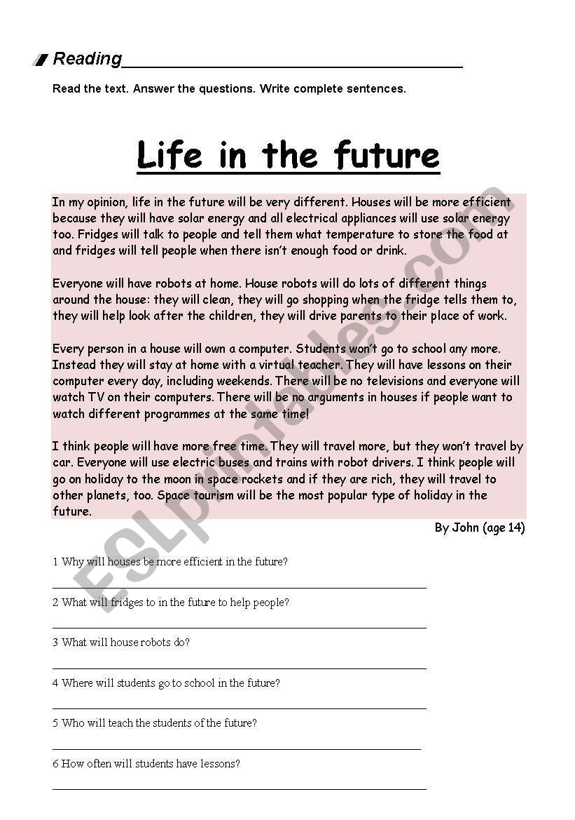 Reading Life In The Future ESL Worksheet By PINATAR