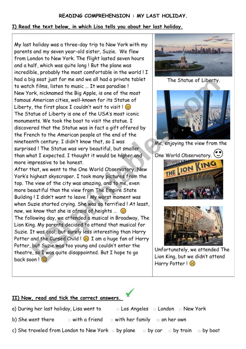 Reading My Last Holiday In New York City ESL Worksheet By Mperfetto