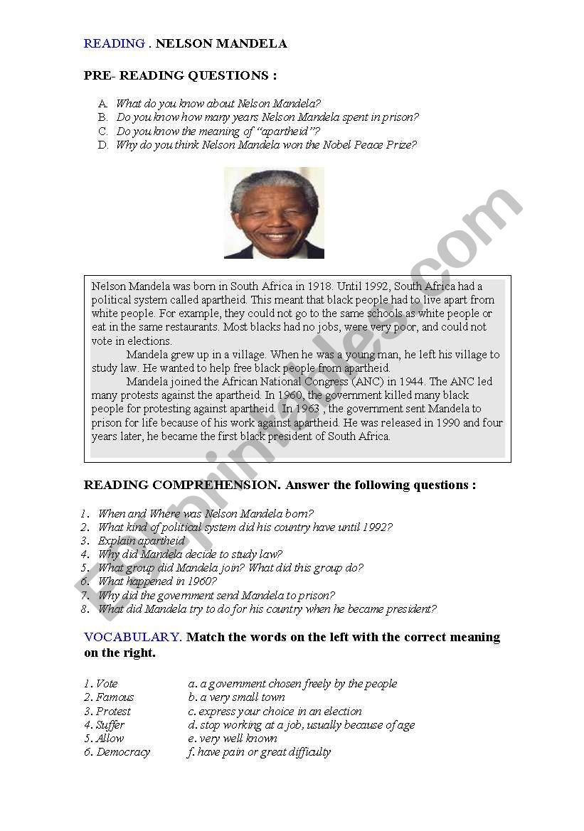 READING NELSON MANDELA ESL Worksheet By Pascanales