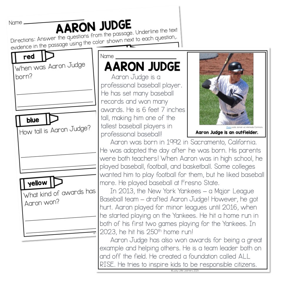 Reading Passage Biography Athlete Baseball Aaron Judge Lucky Little Learners