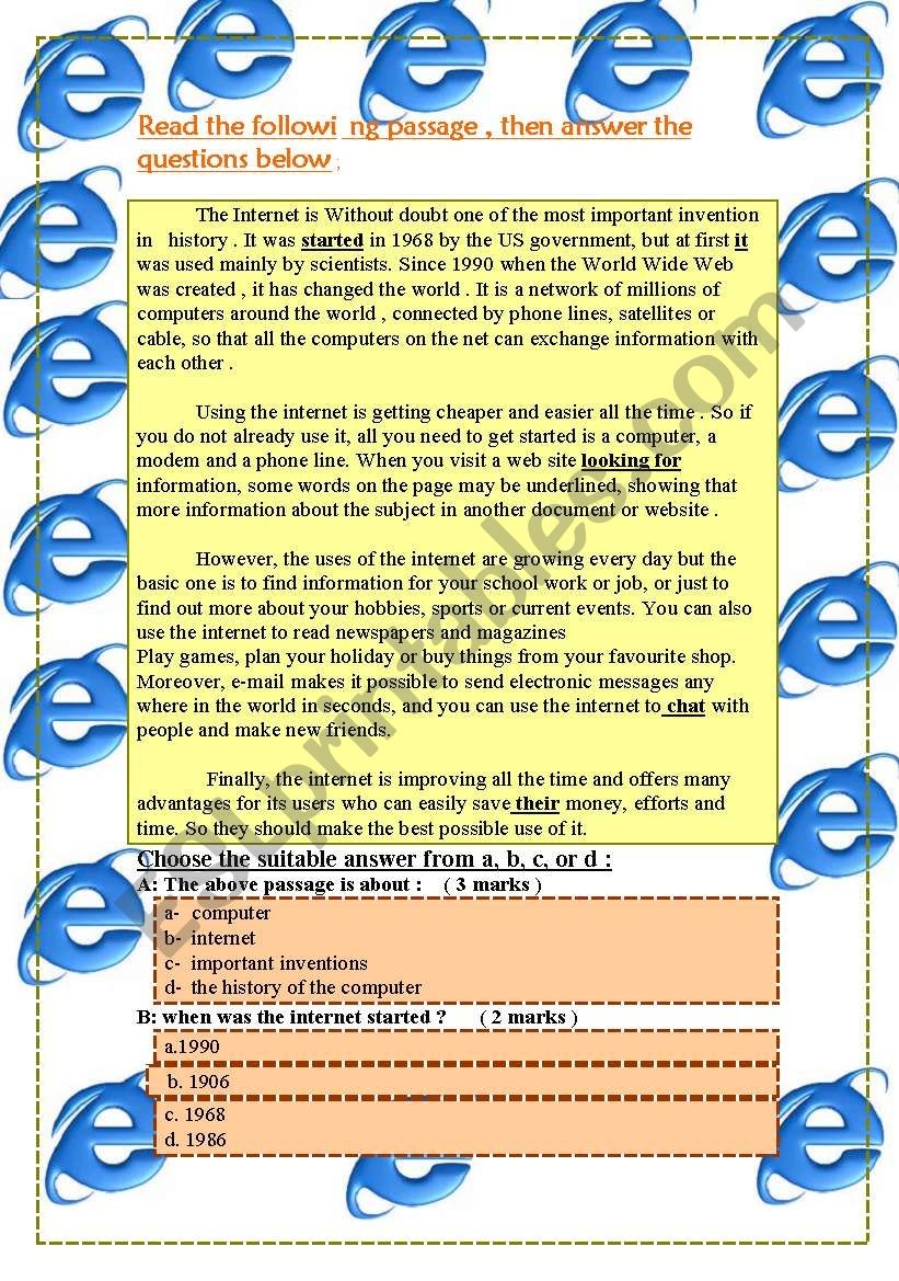 Reading Passages About Internet ESL Worksheet By Miss wishes