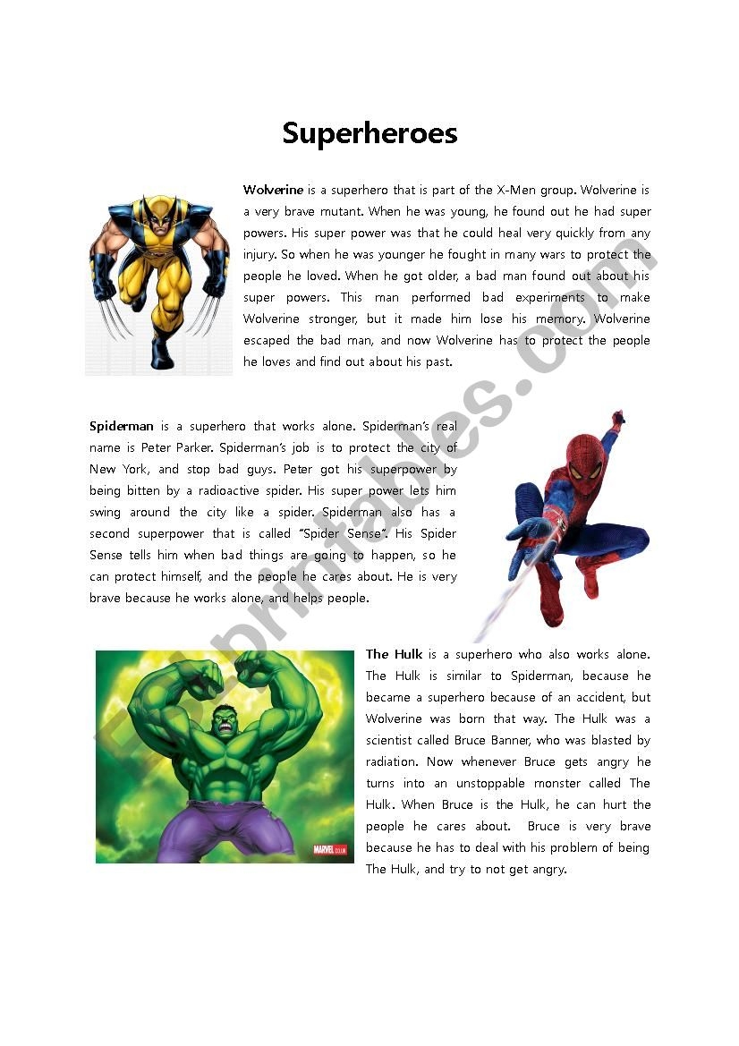 READING SUPERHEROES ESL Worksheet By Karluchitas