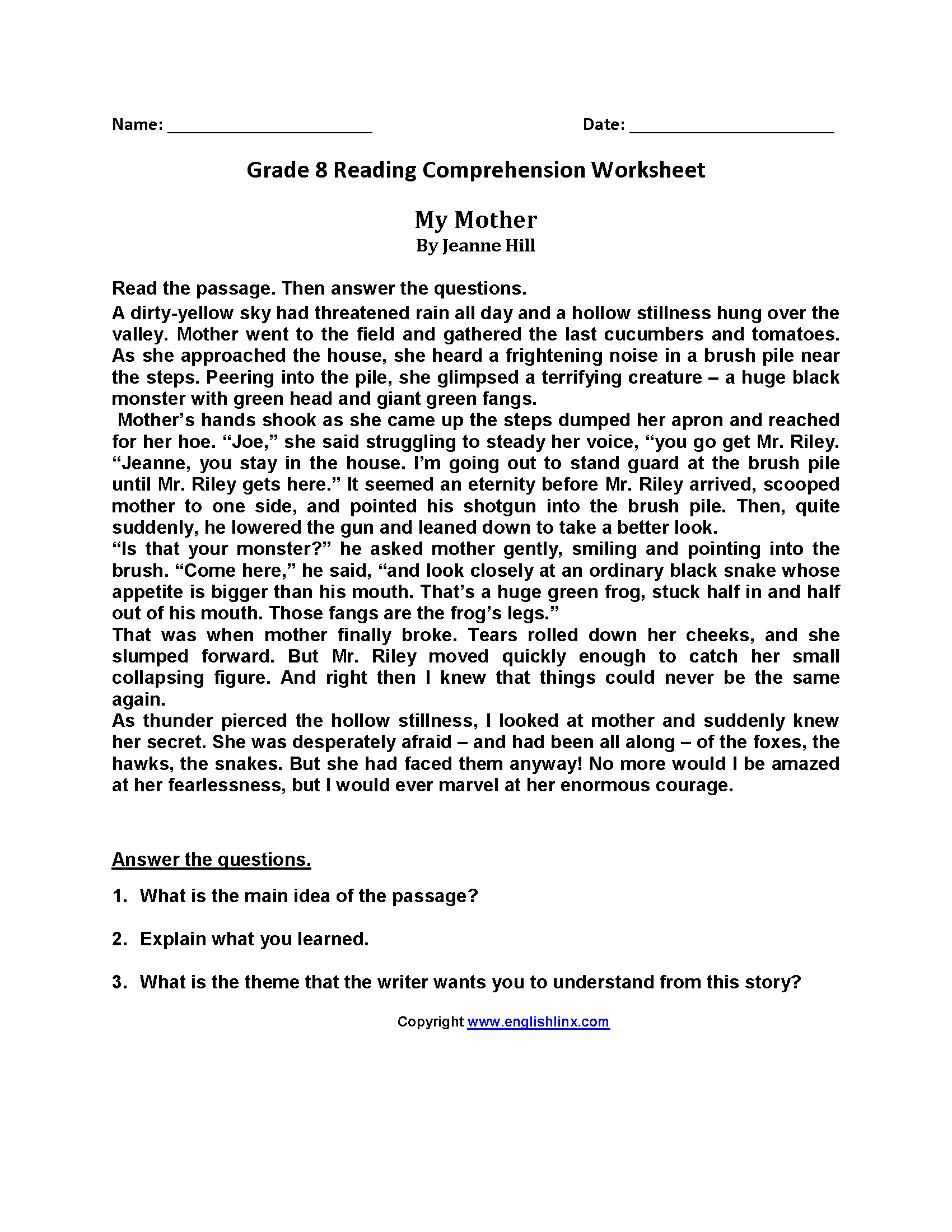 Reading Worksheets Eighth Grade Reading Worksheets