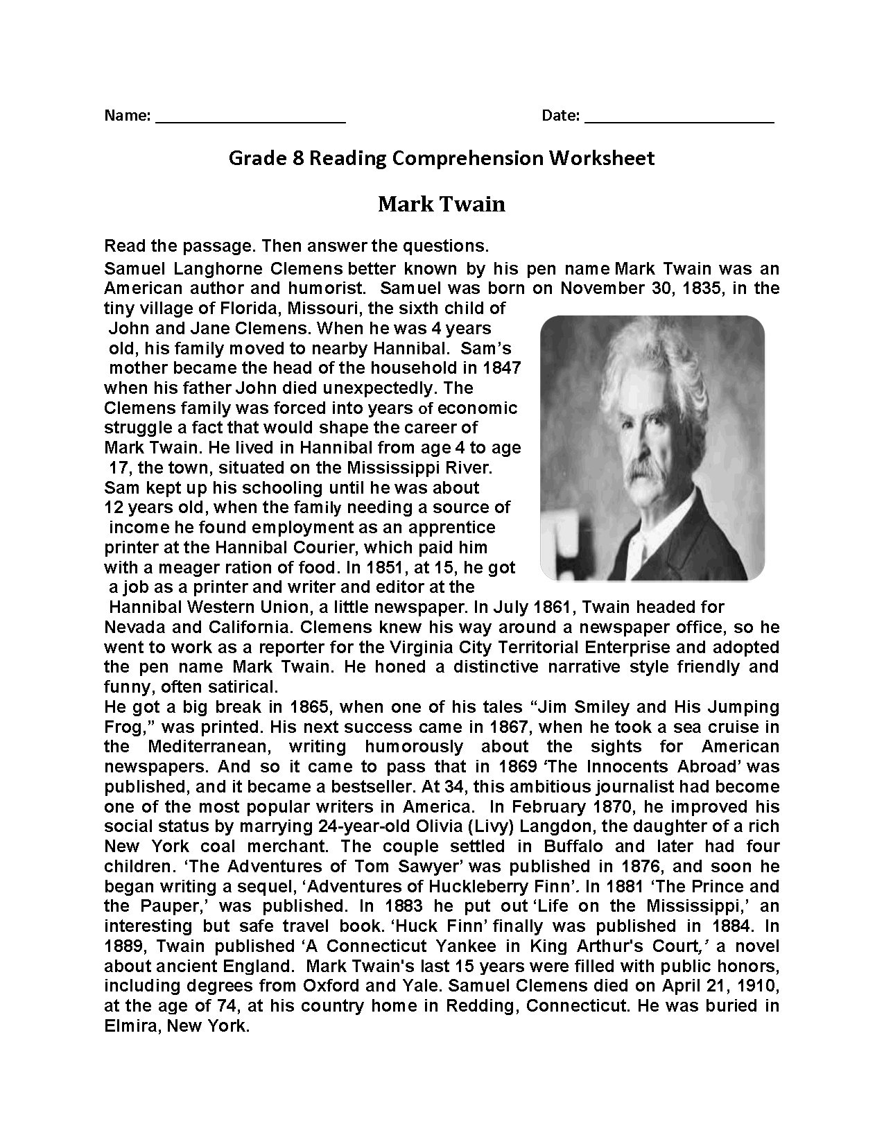 8th Grade Reading Comprehension Worksheets