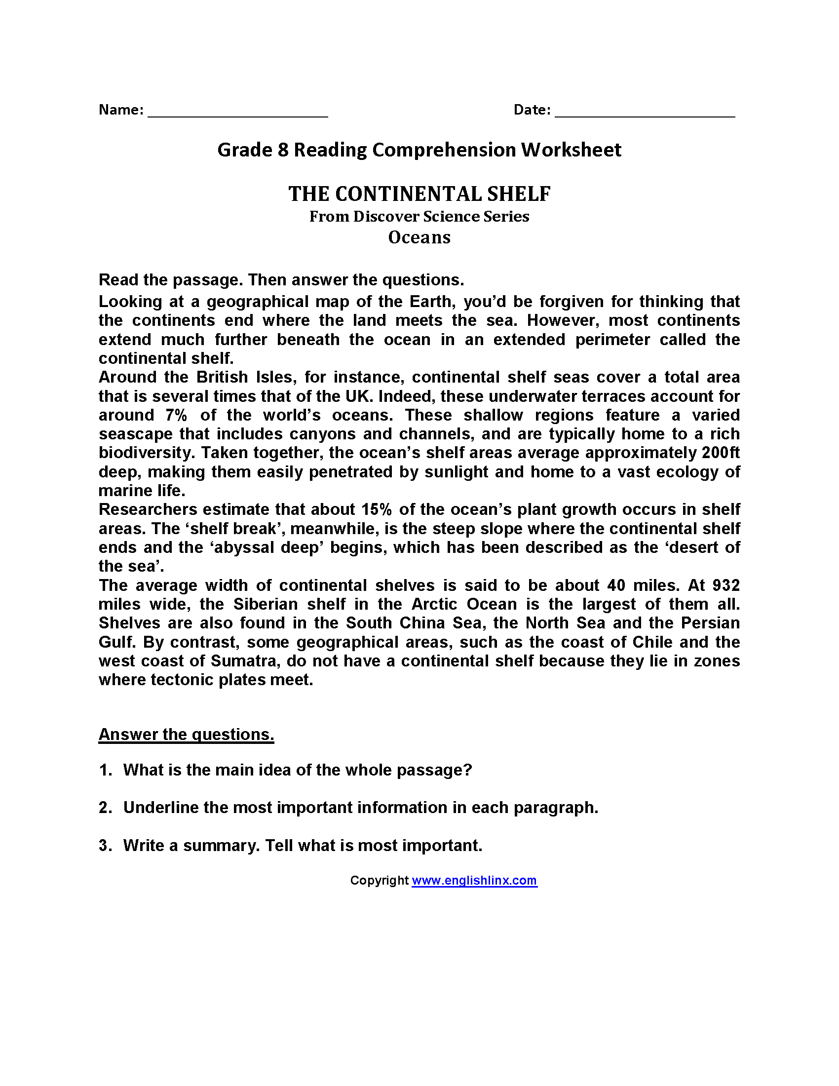 Reading Worksheets Eighth Grade Reading Worksheets