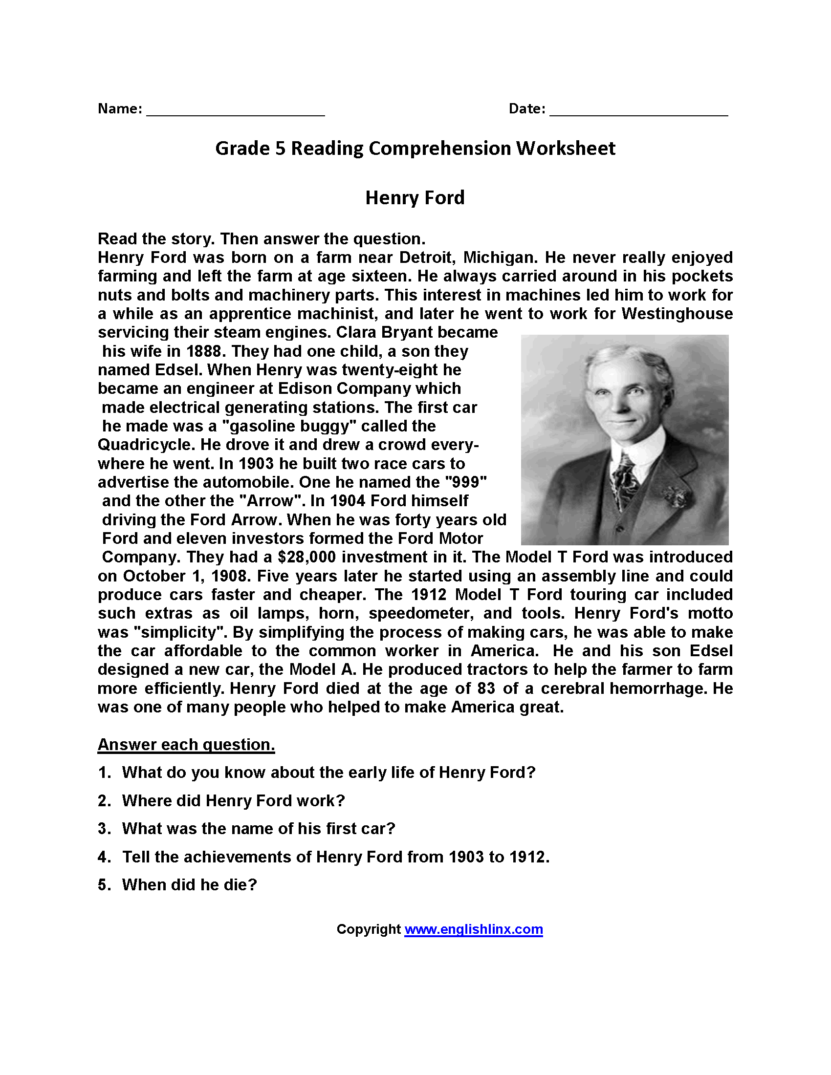 Reading Worksheets Fifth Grade Reading Worksheets