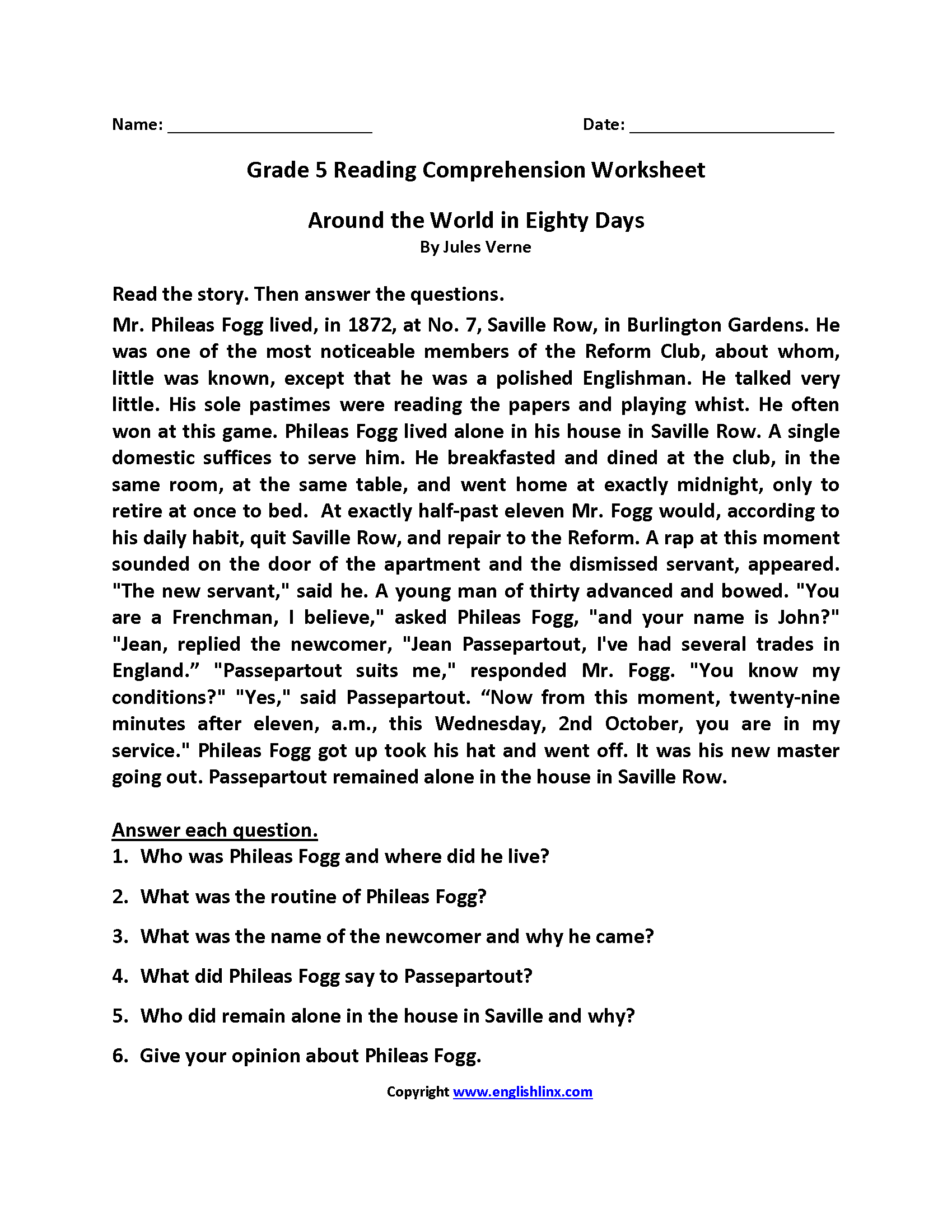 Reading Worksheets Fifth Grade Reading Worksheets
