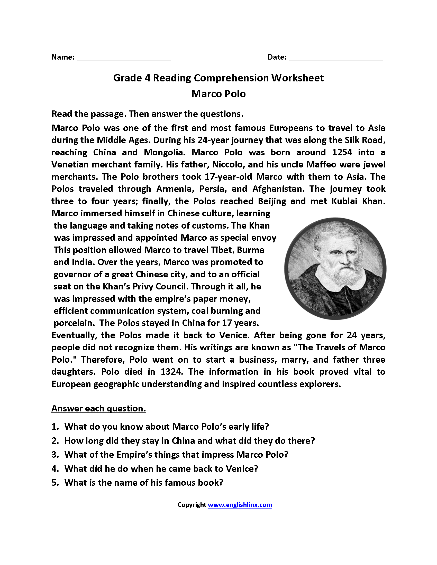 Reading Comprehension Grade 4 Worksheet