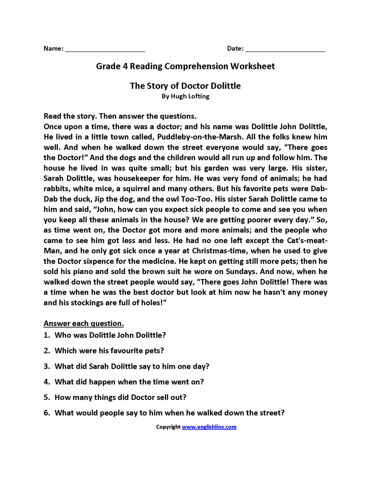 Reading Comprehension Fourth Grade Worksheets - Reading Comprehension