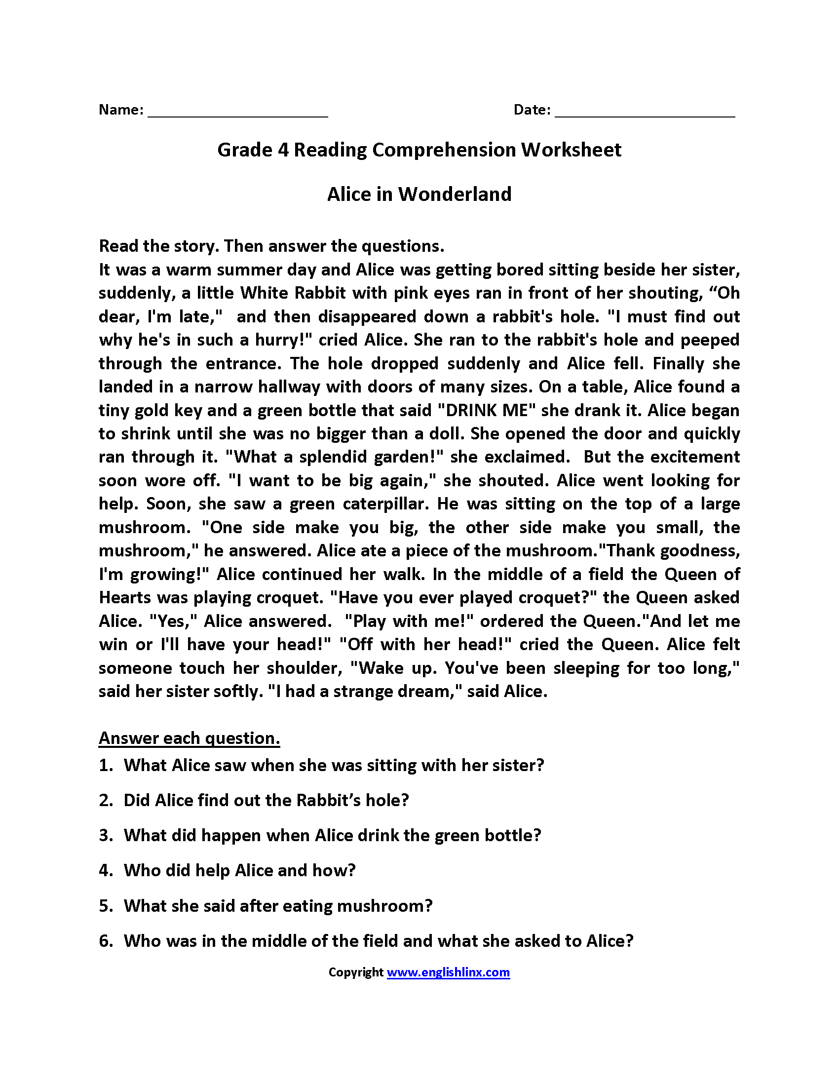 Printable Reading Comprehension Worksheets Grade 4