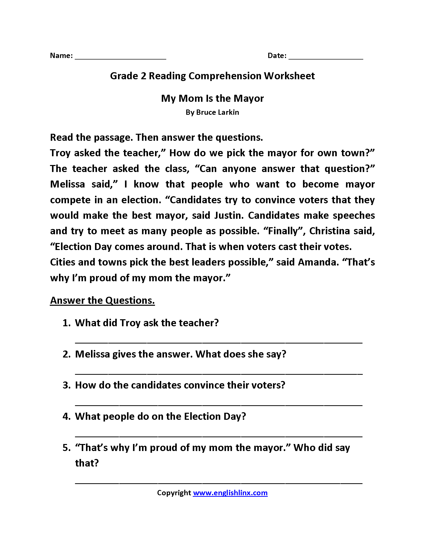 Reading Comprehension Worksheets 2 Grade