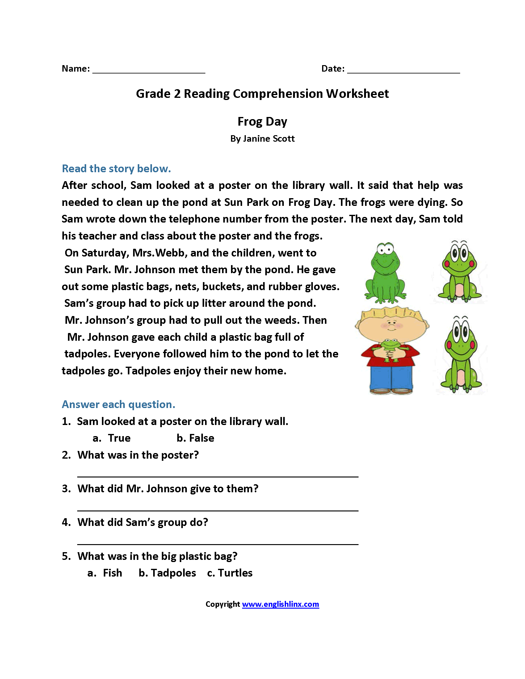 Second Grade Free Reading Comprehension Worksheets