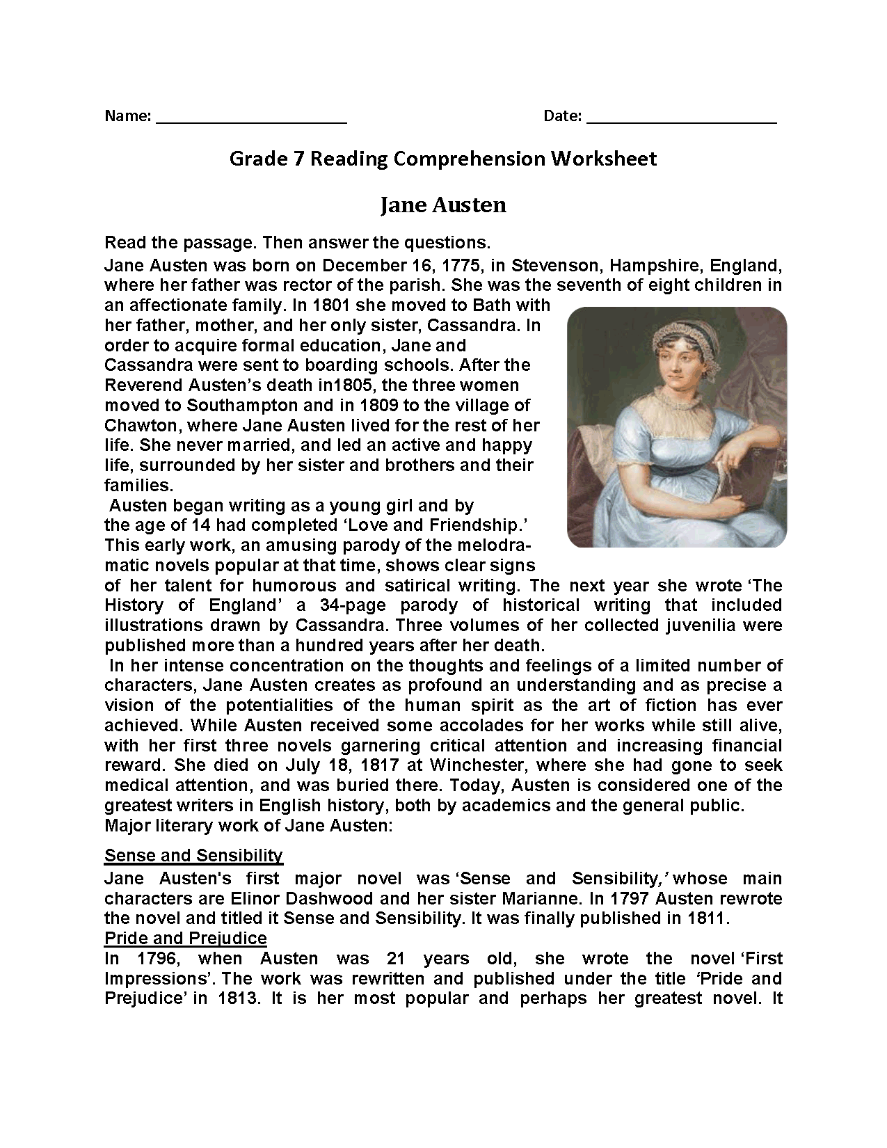 Grade 7 English Reading Comprehension Worksheets