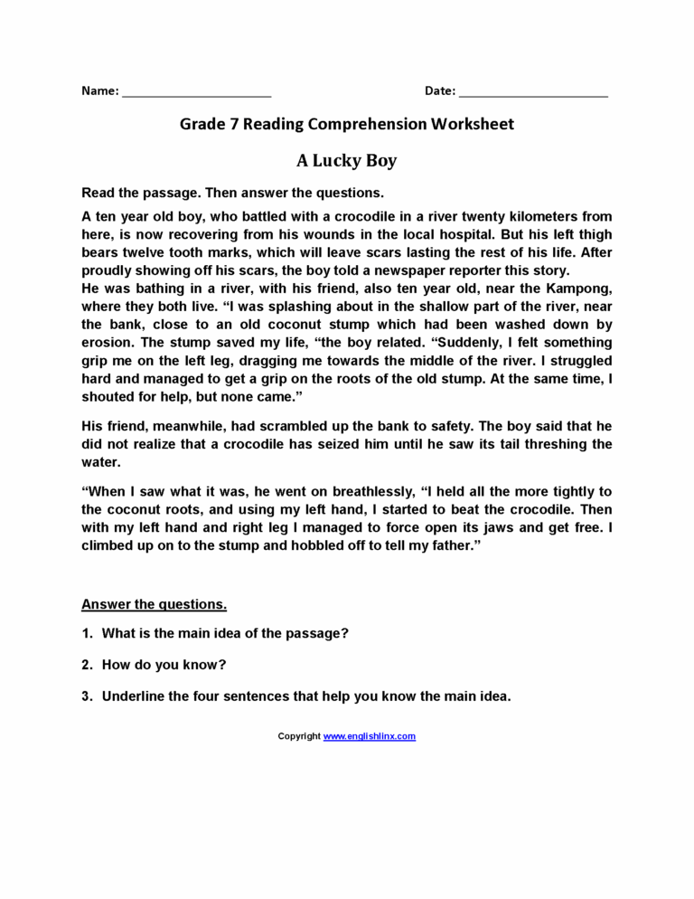 Reading Worksheets Seventh Grade Reading Worksheets