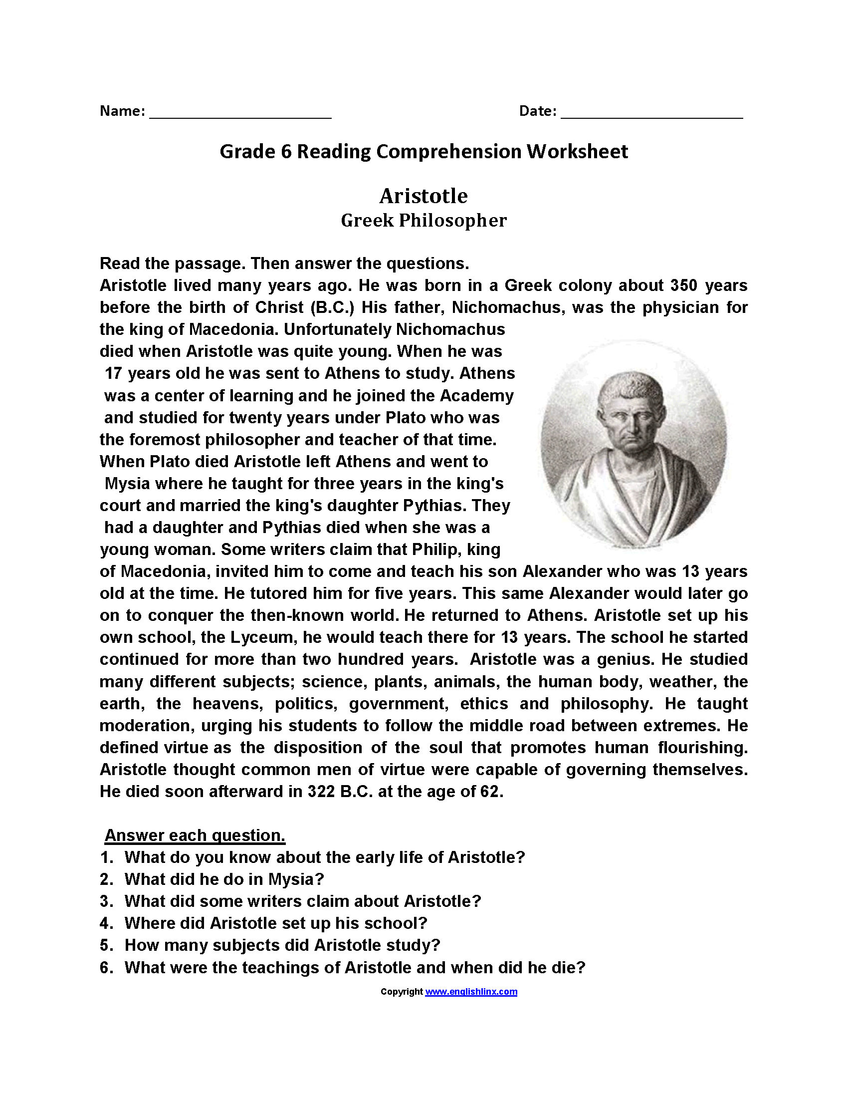Reading Comprehension Worksheets 6th Grade Level