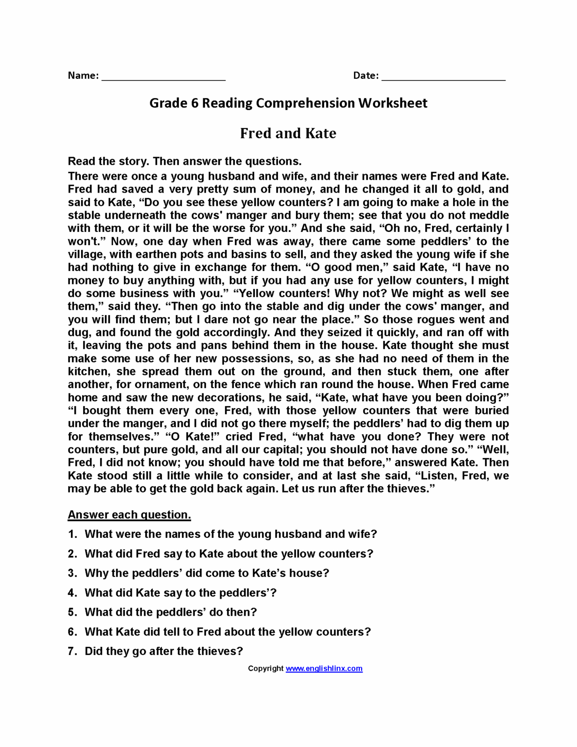 Reading Comprehension Worksheets Grade 6 7 - Reading Comprehension ...