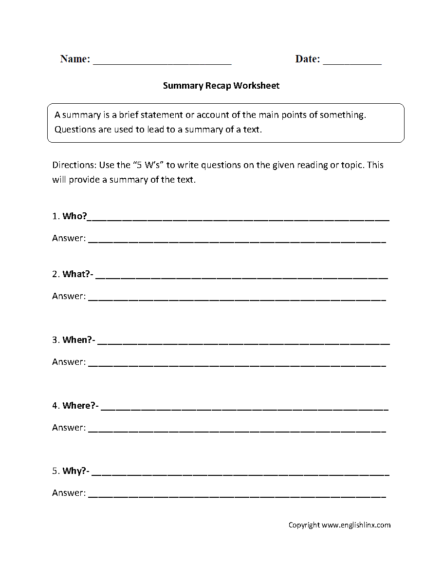 Reading Comprehension And Summary Worksheets