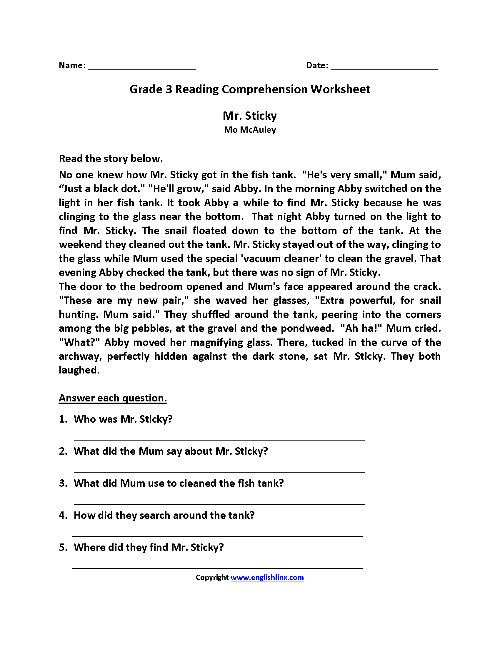 Grade 3 Reading Comprehension Free Worksheet