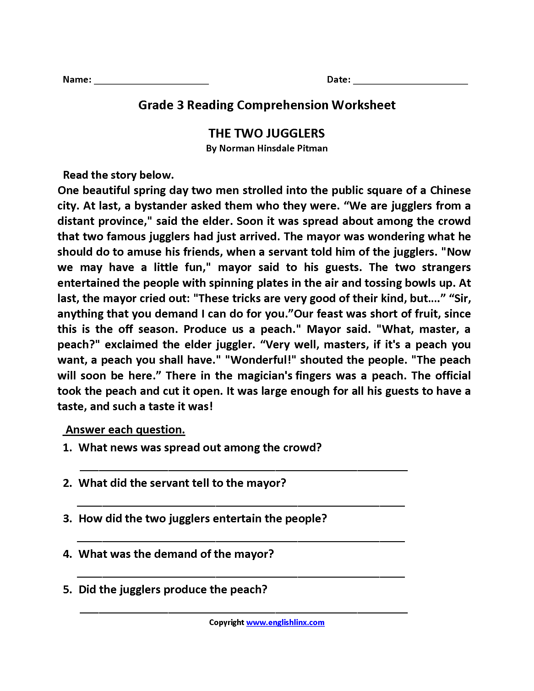 Free Grade 3 Reading Comprehension Worksheets