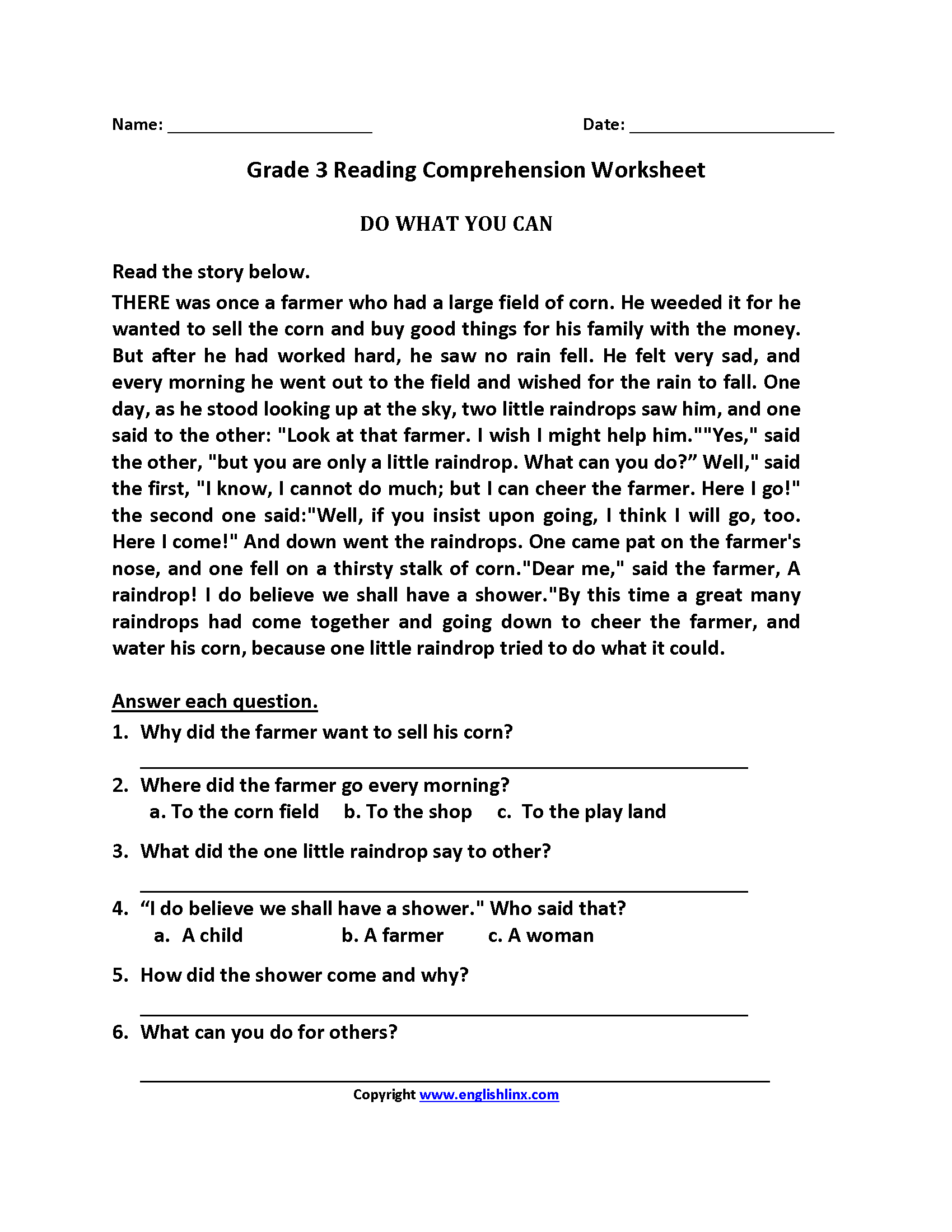 Reading Comprehension 3rd Grade Worksheets Free