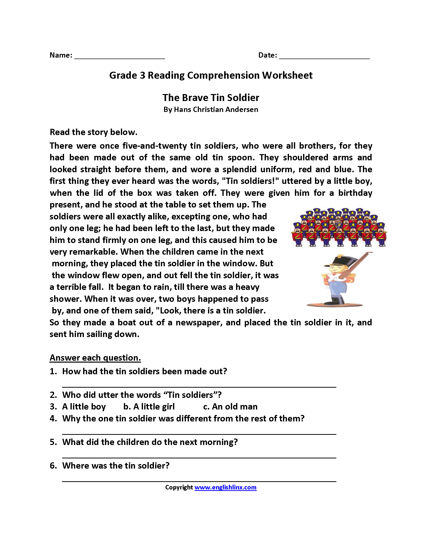 Reading Comprehension 3rd Grade Free Worksheet
