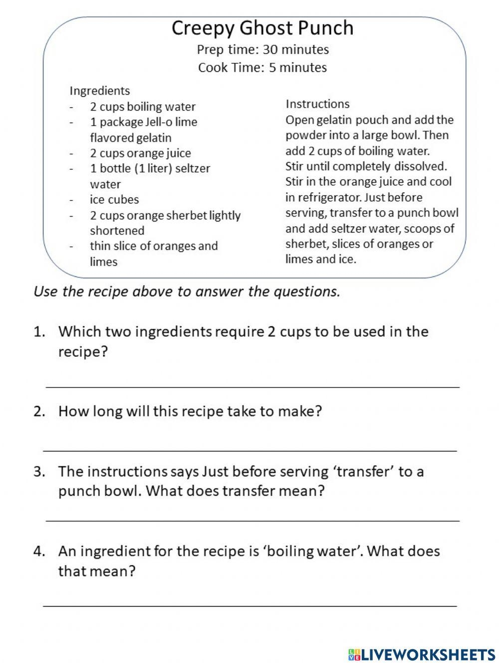 Recipe Comprehension Interactive Worksheet Live Worksheets 