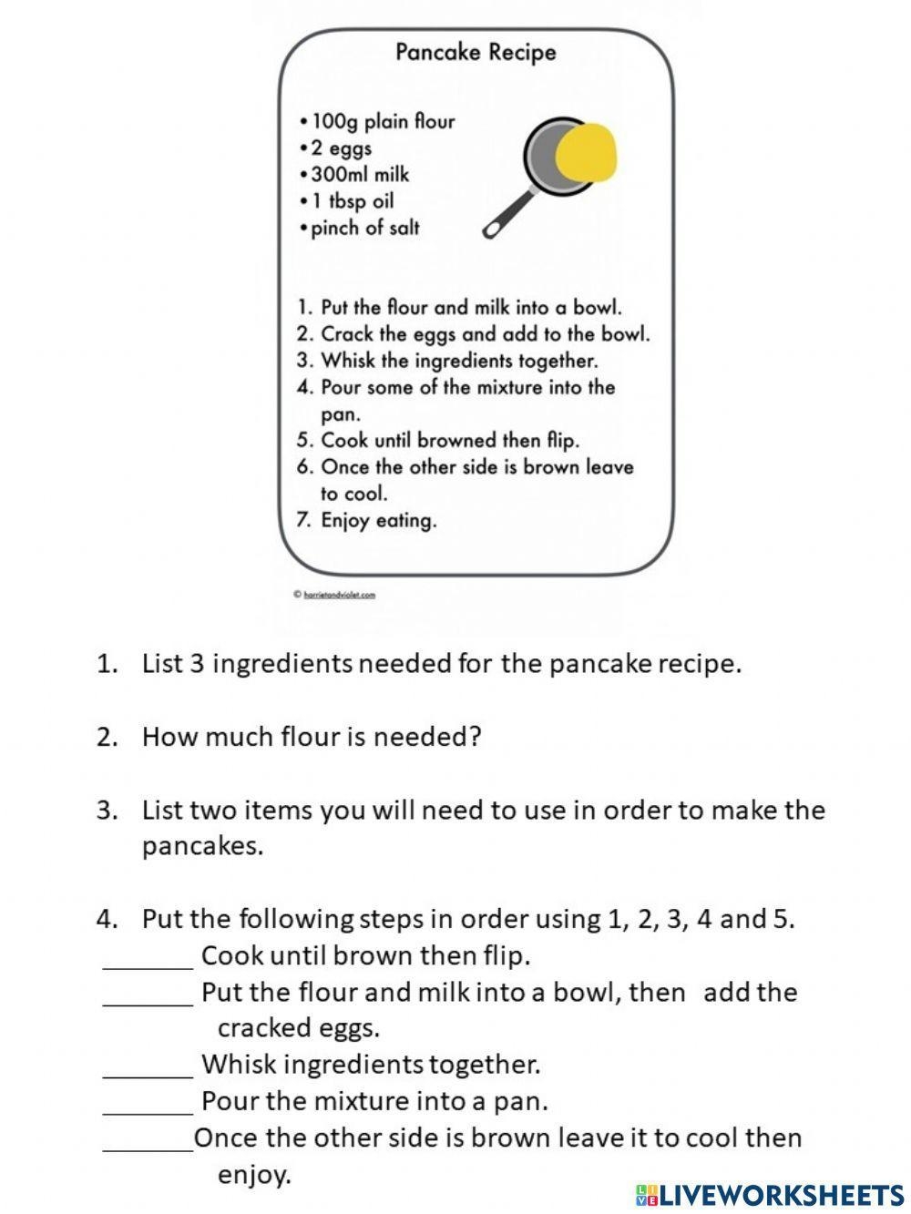 Recipe Comprehension Worksheet Live Worksheets Worksheets Library