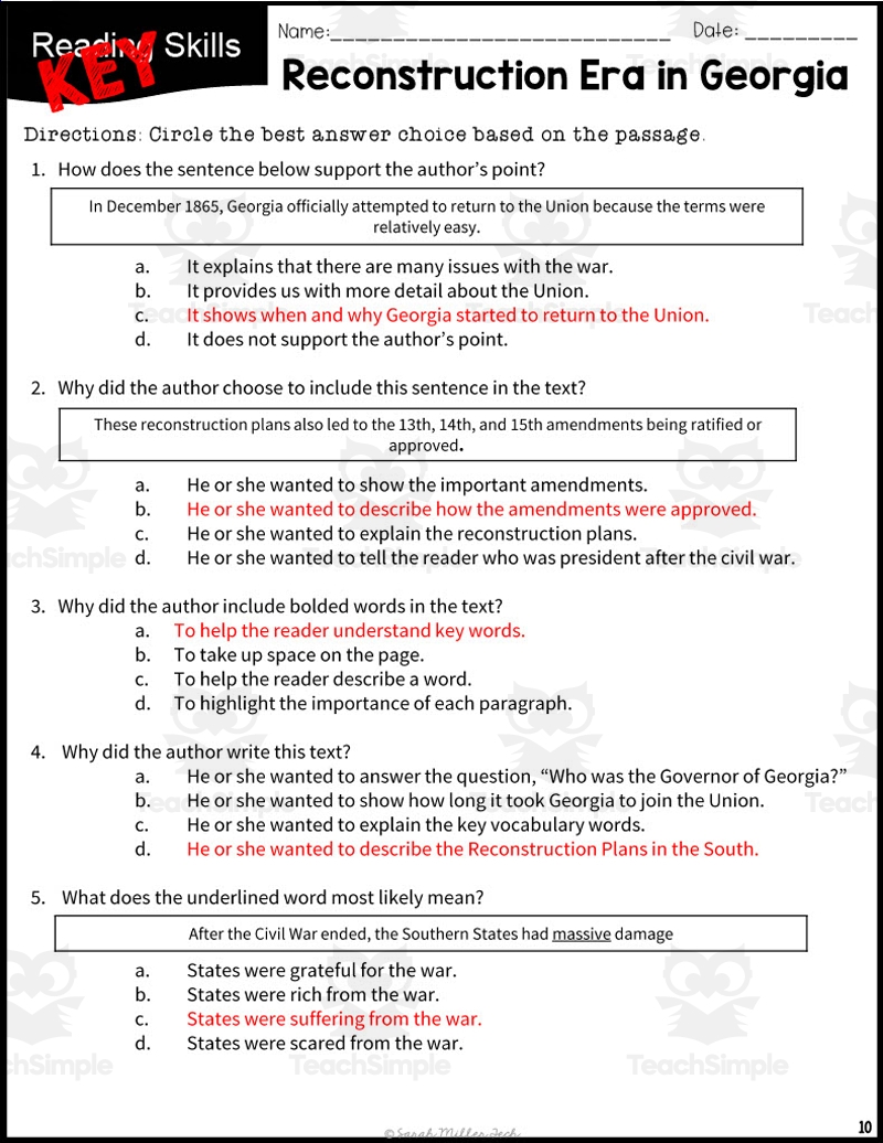 Reconstruction Reading Comprehension Worksheet