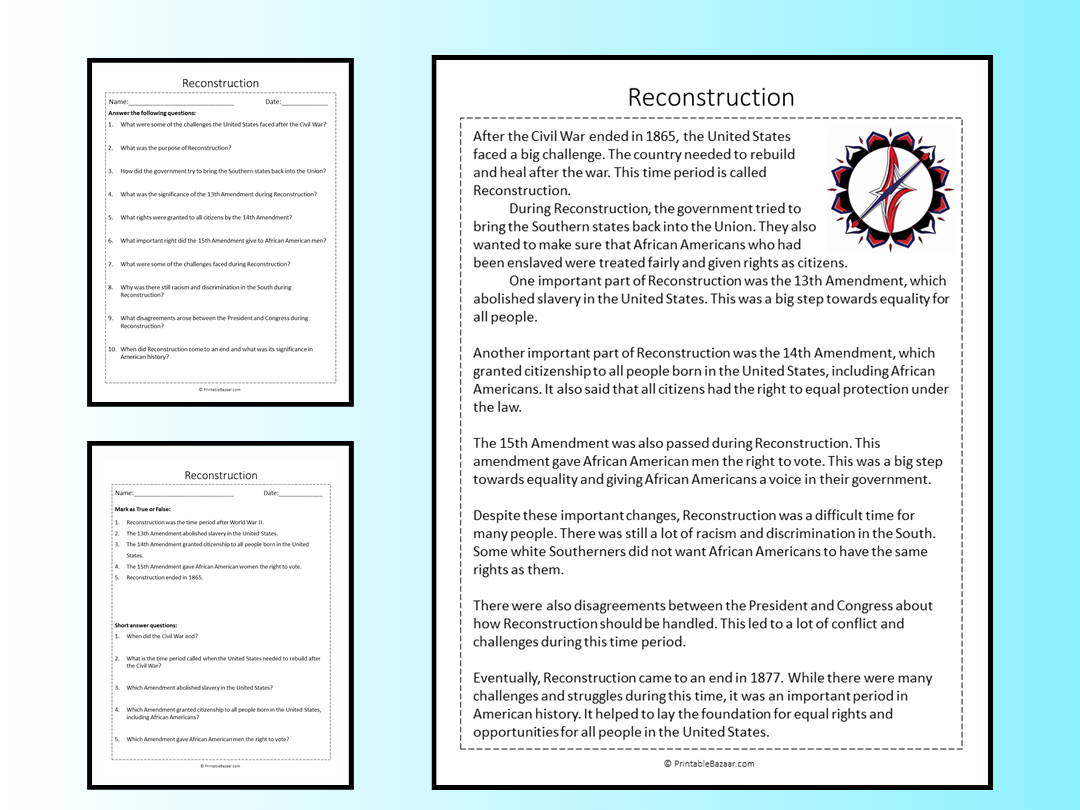 Reconstruction Reading Comprehension Passage Printable Worksheet 