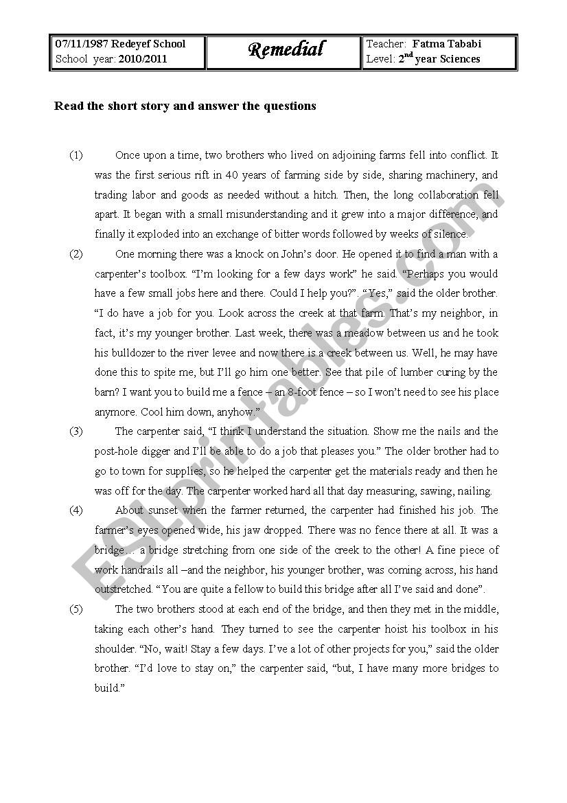 Remedial Work Reading Comprehension ESL Worksheet By Fatma Tababi