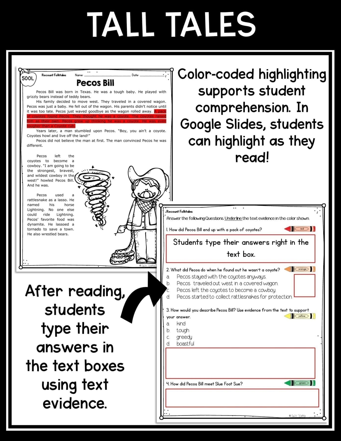 Retell Stories Tall Tales Reading Passages Worksheets RL 2 2 RL 3 2 RL2 2 RL3 2