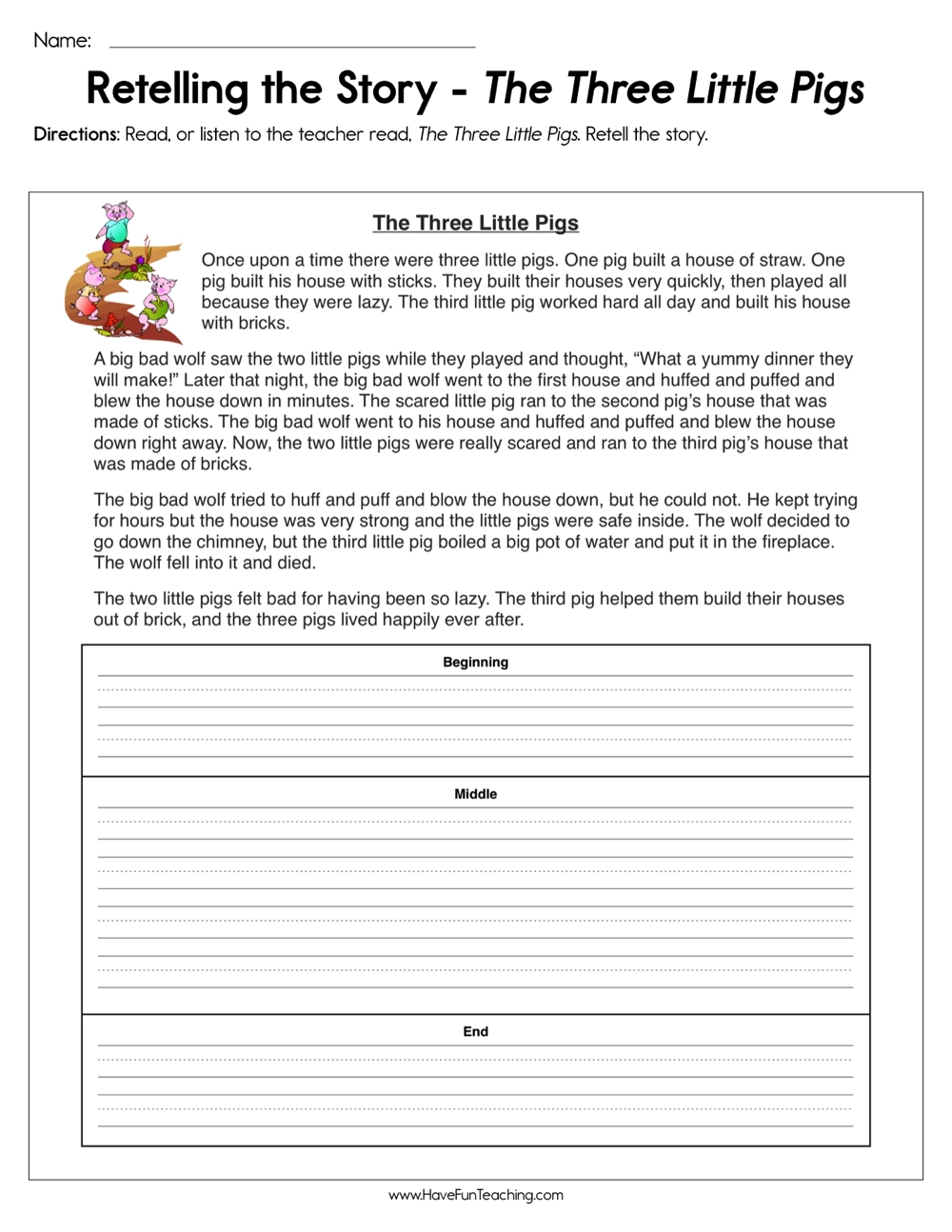 Retelling The Story The Three Little Pigs Worksheet Have Fun 