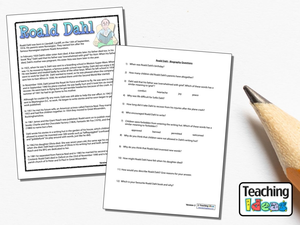 Roald Dahl Biography With Comprehension Questions Teaching Ideas