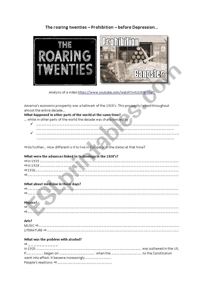 Roaring Twenties Prohibition Depression ESL Worksheet By Cvrin