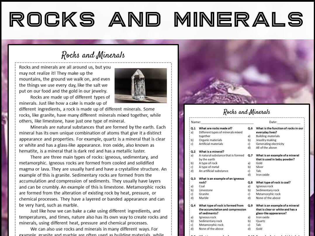 Rocks And Minerals Reading Comprehension Passage And Questions 