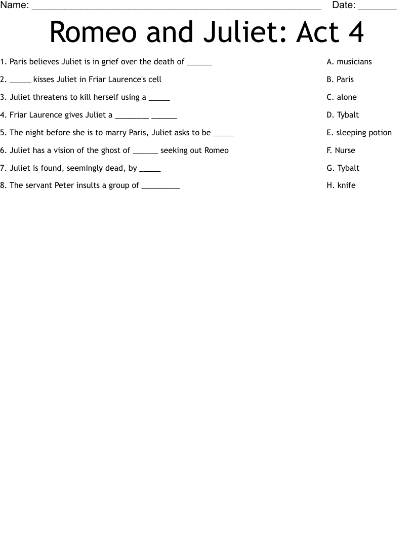 Romeo And Juliet Act 4 Worksheet WordMint