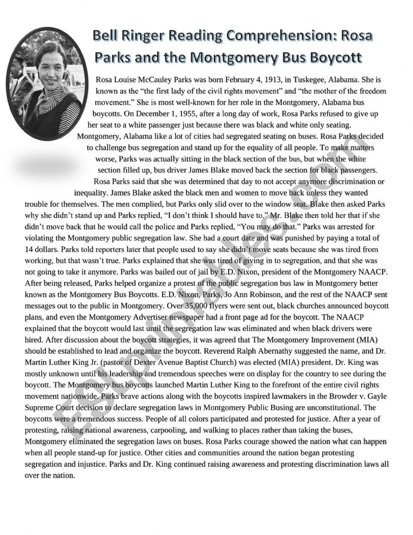 Rosa Parks Reading Comprehension ESL Worksheet By Mohamed 93