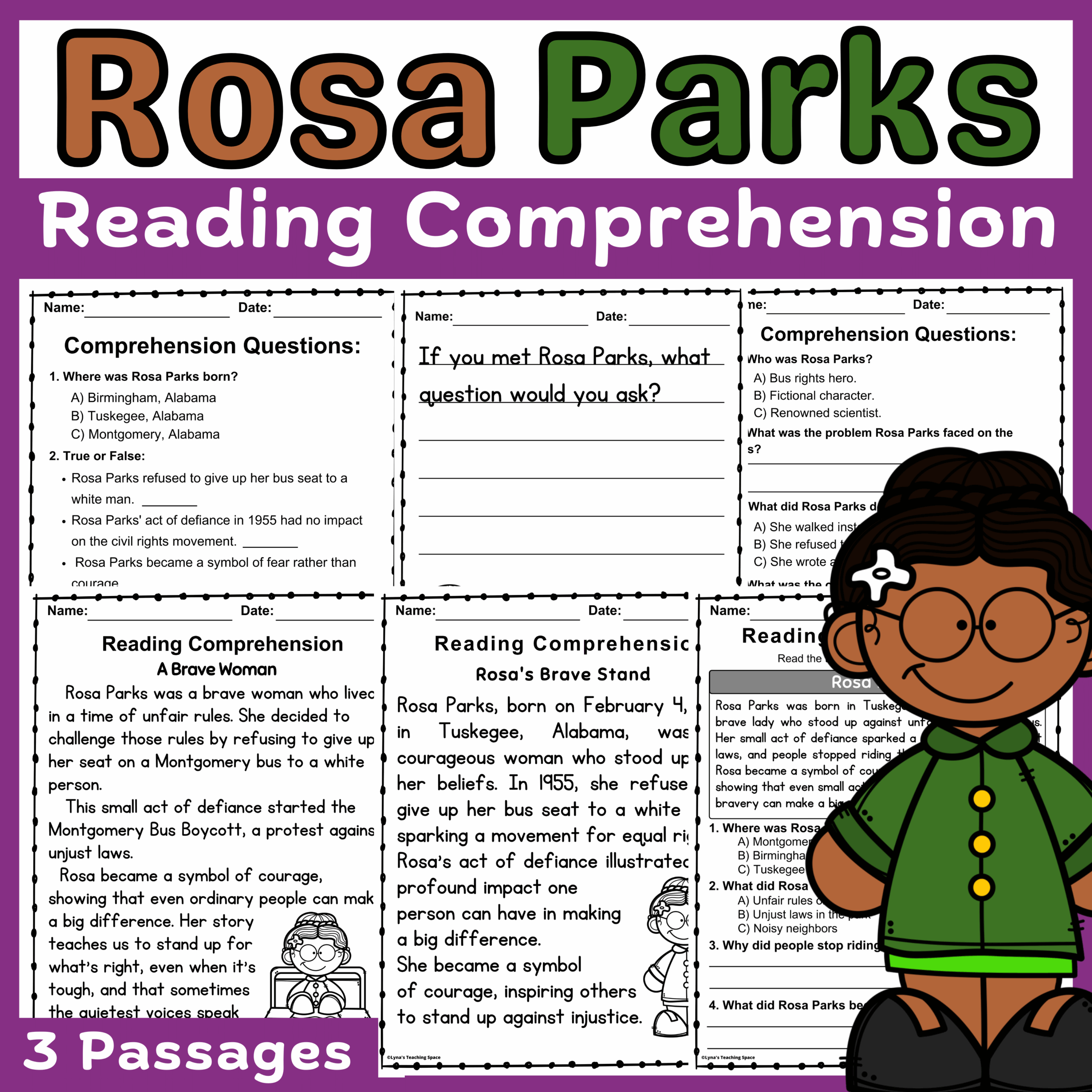 Rosa Parks Reading Comprehension Passages And Activities Worksheet No Prep Made By Teachers