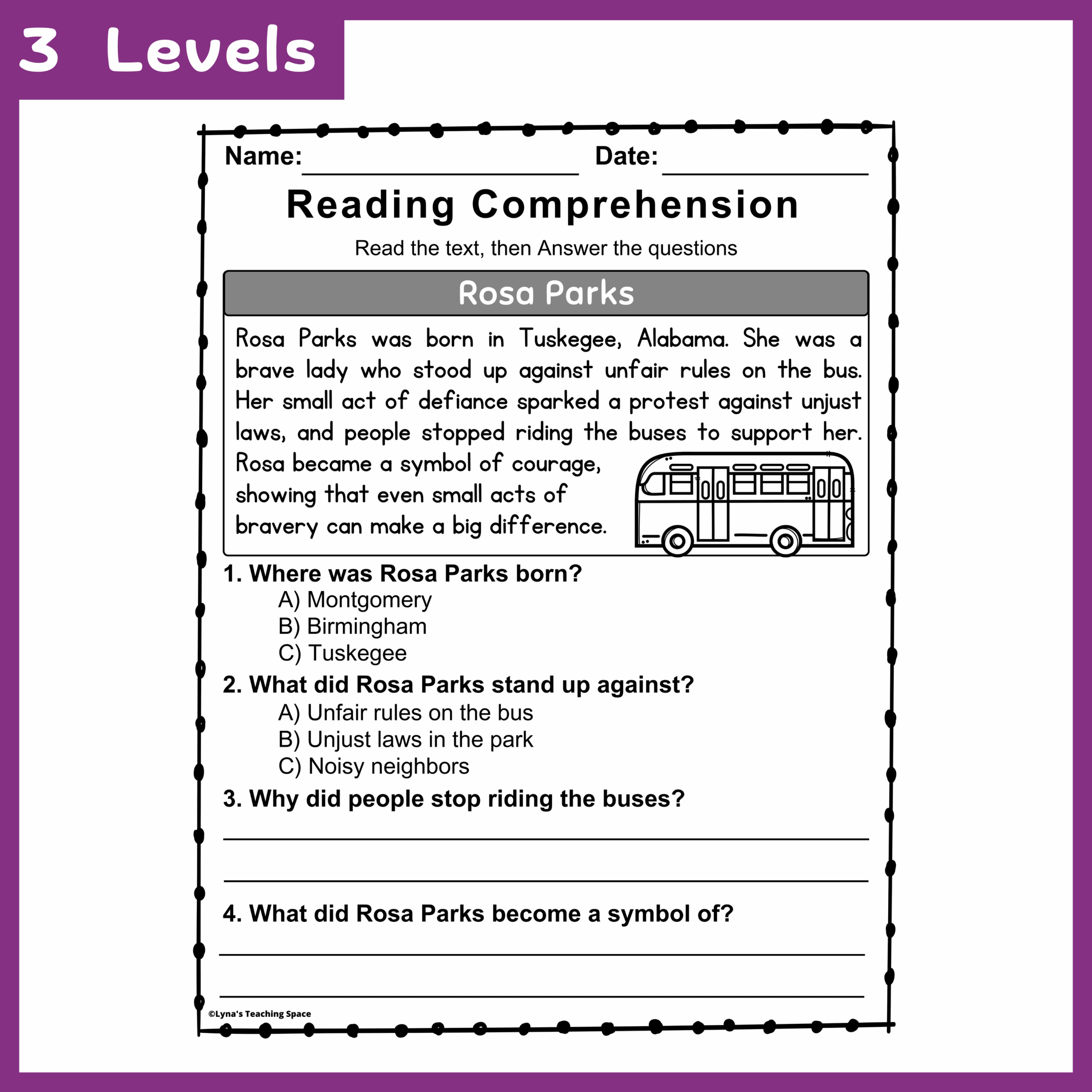 Rosa Parks Reading Comprehension Passages And Activities Worksheet No Prep Made By Teachers