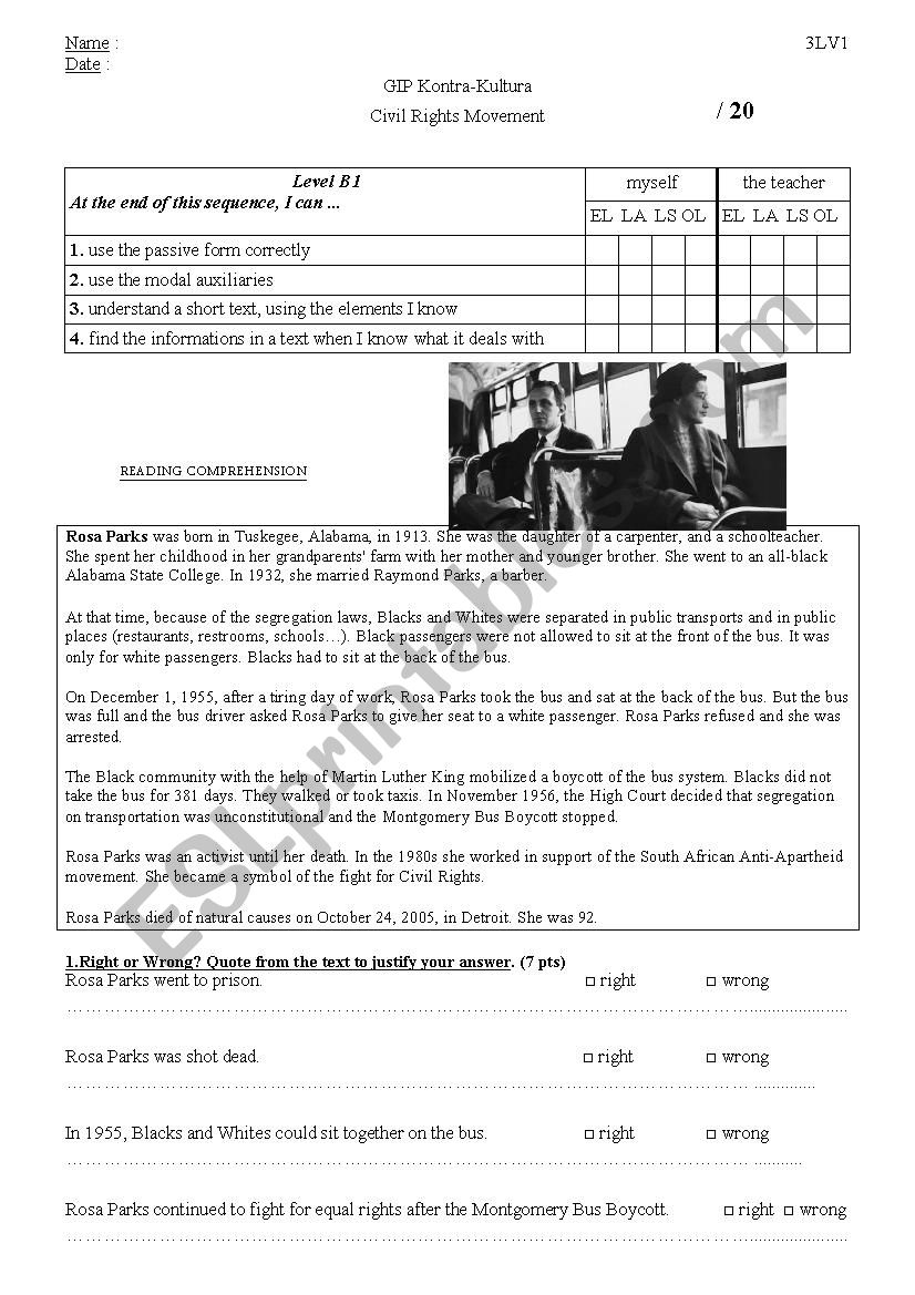 Rosa Parks Reading Comprehension Worksheet