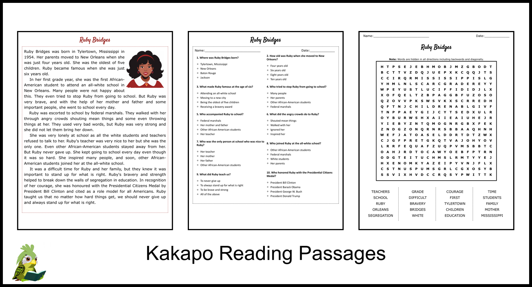 Ruby Bridges Reading Comprehension And Word Search Teaching Resources