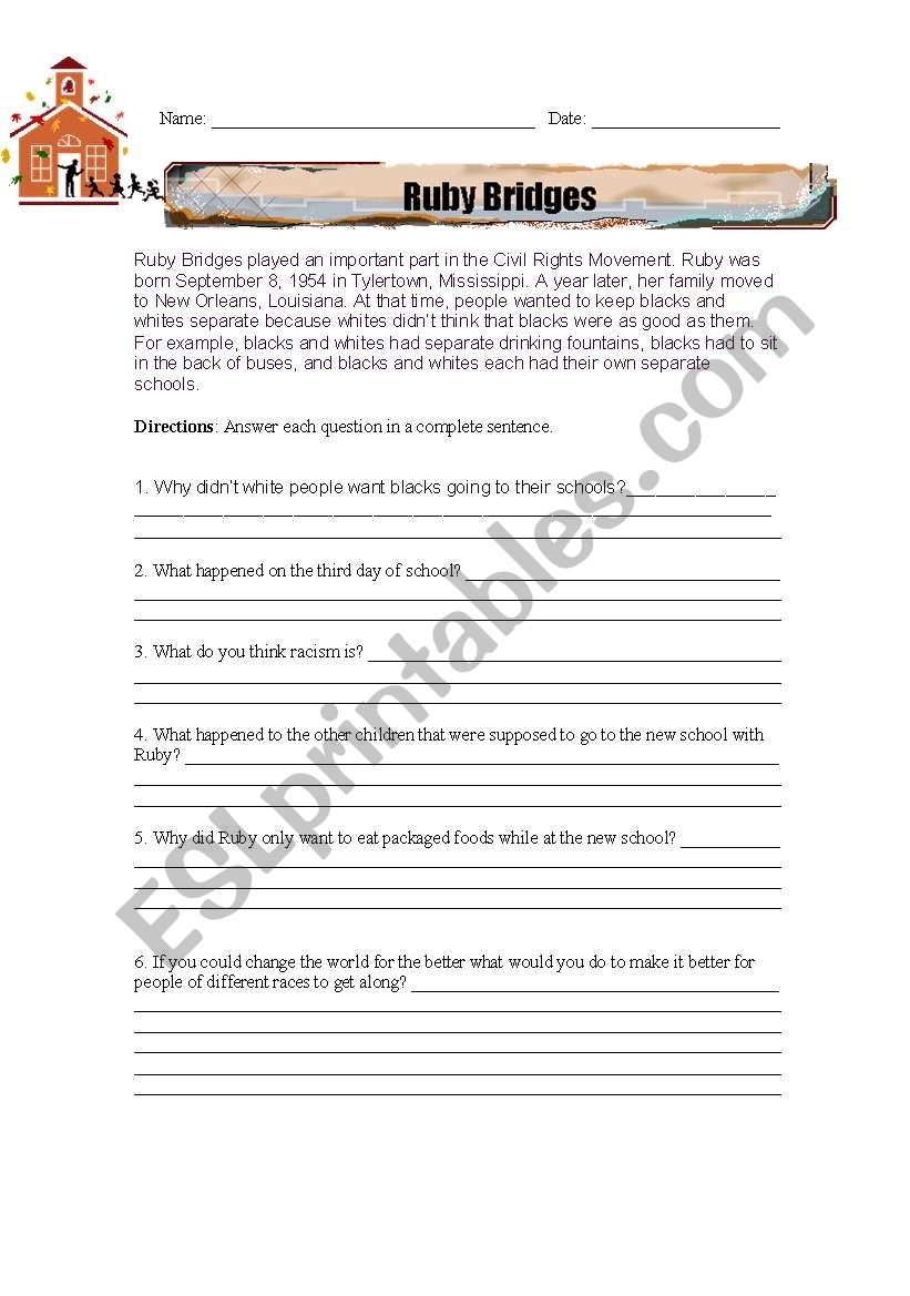 Ruby Bridges Reading Comprehension Worksheet ESL Worksheet By Worksheets Library