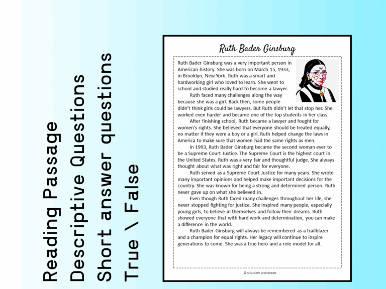 Ruth Bader Ginsburg Biography Reading Comprehension Passage Printable Worksheet PDF Teaching Resources