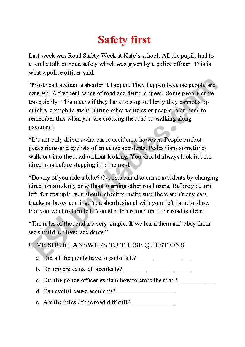 SAFETY FIRST Conprehension Reading ESL Worksheet By Dasha1055