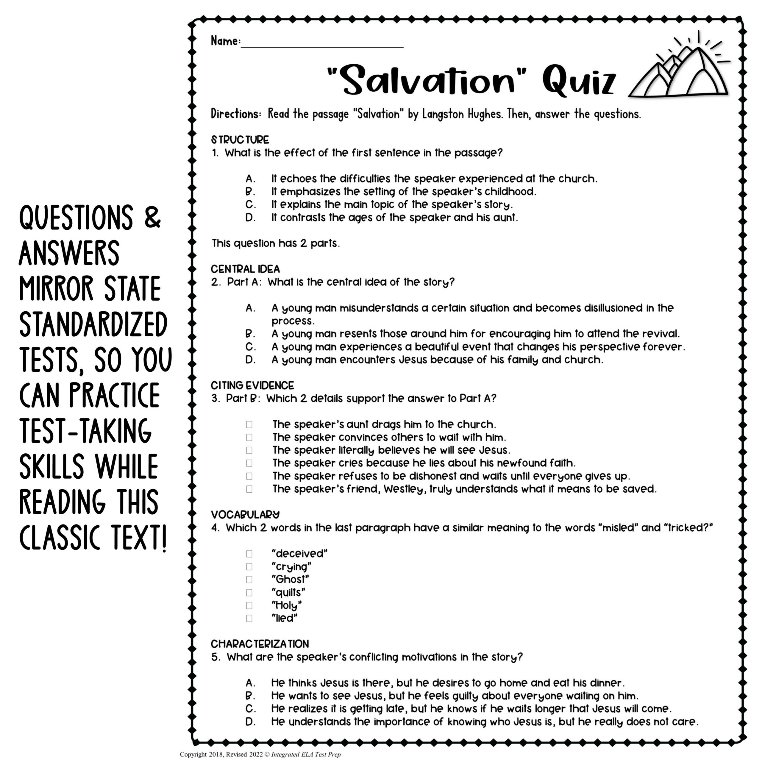 Salvation By Langston Hughes Reading Comprehension Test Prep Quiz
