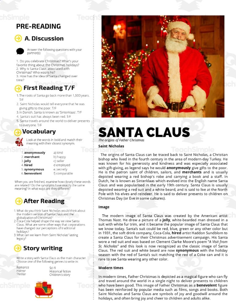 Santa Claus ESL Reading Comprehension Christmas Reading Worksheet