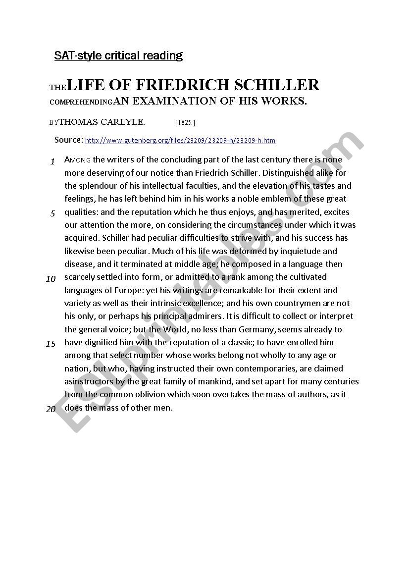 SAT style Critical Reading Reading Comprehension On Schiller ESL Worksheet By FrauSue