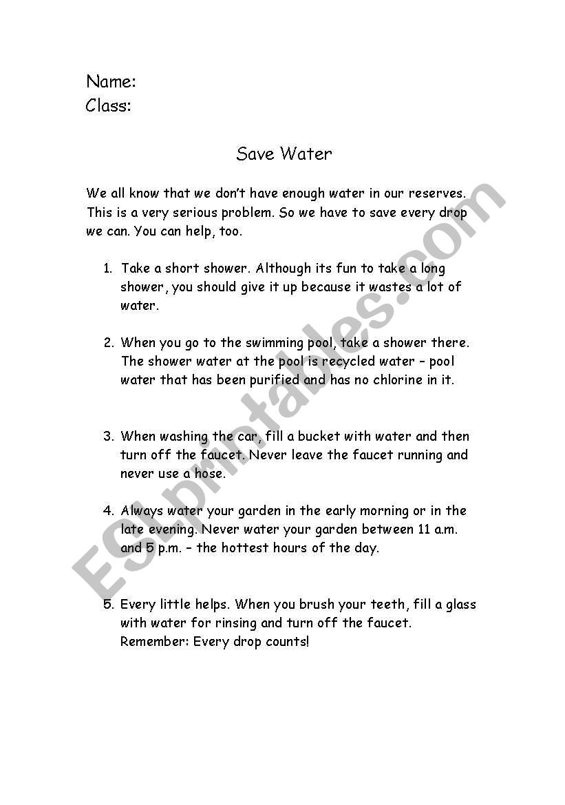 Save Water reading Comprehension ESL Worksheet By Tmira Sideman