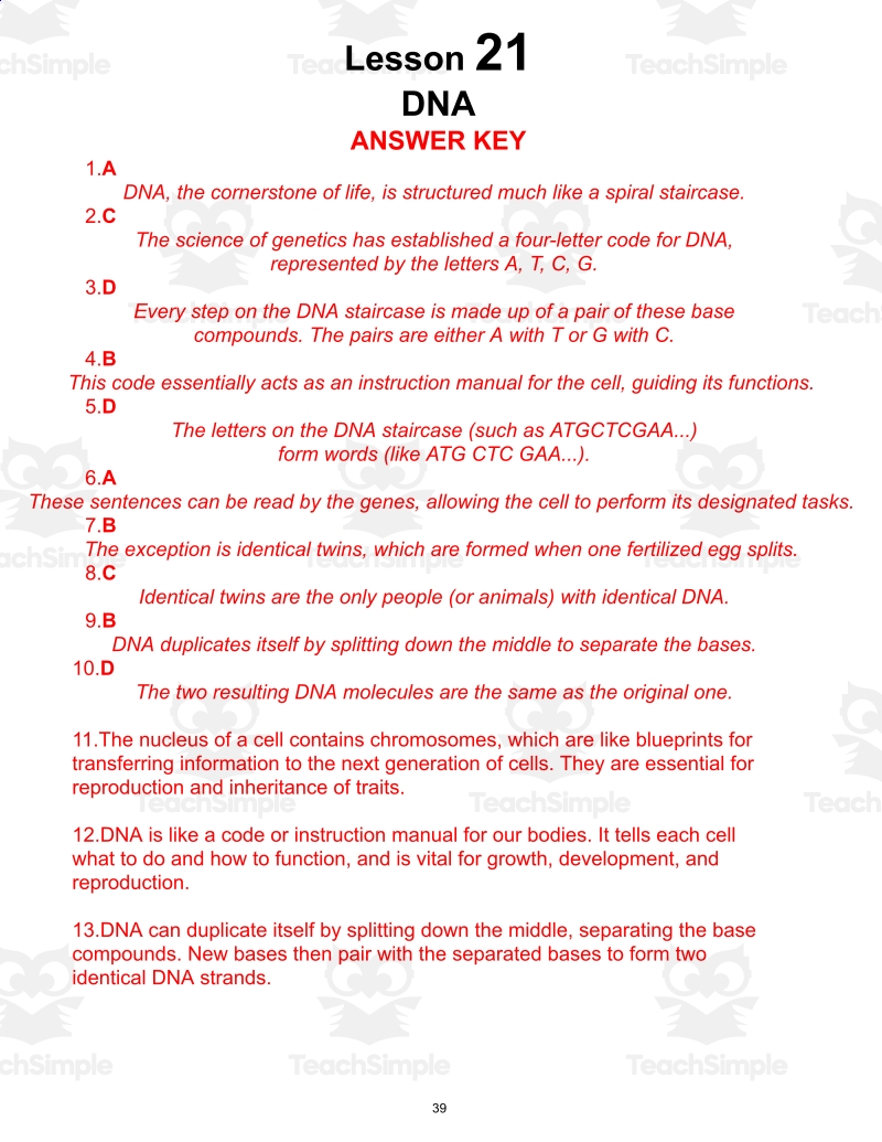 Science Reading Comprehension Passage 21 DNA PDF By Teach Simple