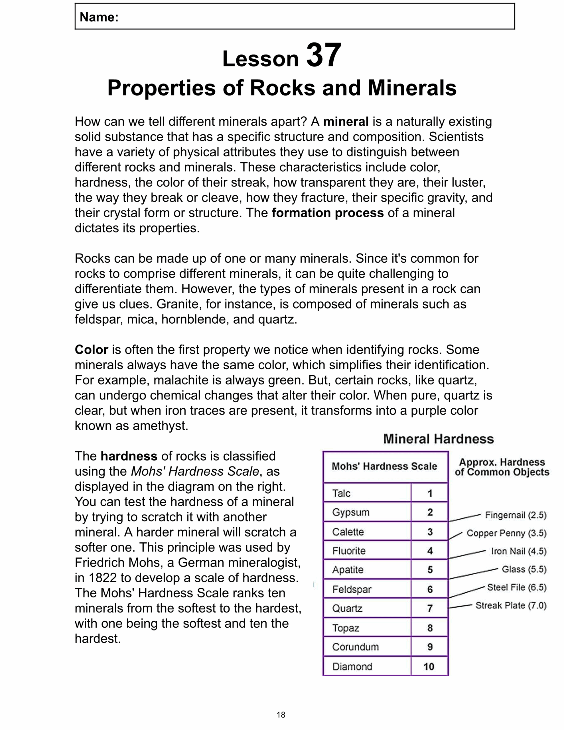Science Reading Passage 37 Properties Of Rocks And Minerals PDF Worksheets Library